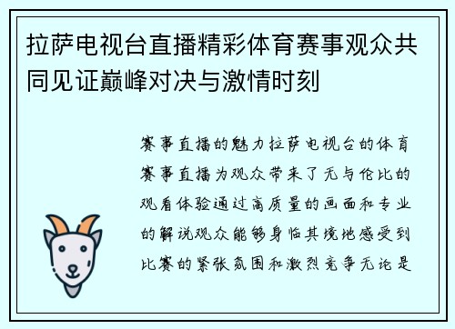 拉萨电视台直播精彩体育赛事观众共同见证巅峰对决与激情时刻