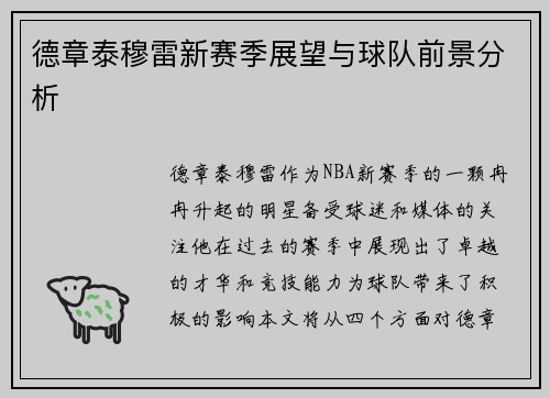 德章泰穆雷新赛季展望与球队前景分析